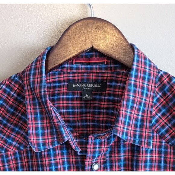 Banana Republic Size Large Plaid Western Shirt Men's Red Blue Snap Slim Fit LS - Picture 2 of 6
